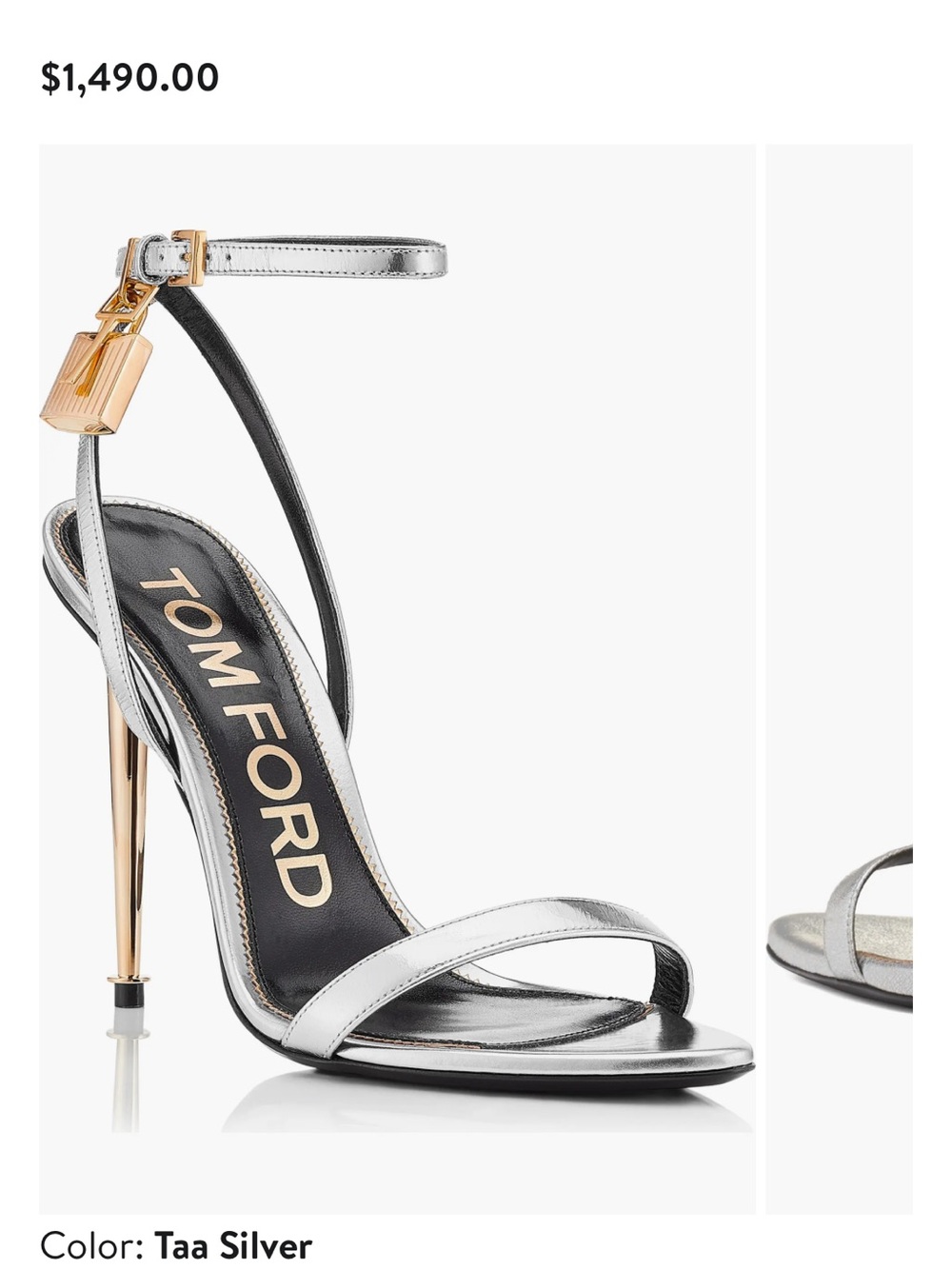 10.5 (40) signature Tom Ford Padlock Pointy Naked Sandals- metallic silver